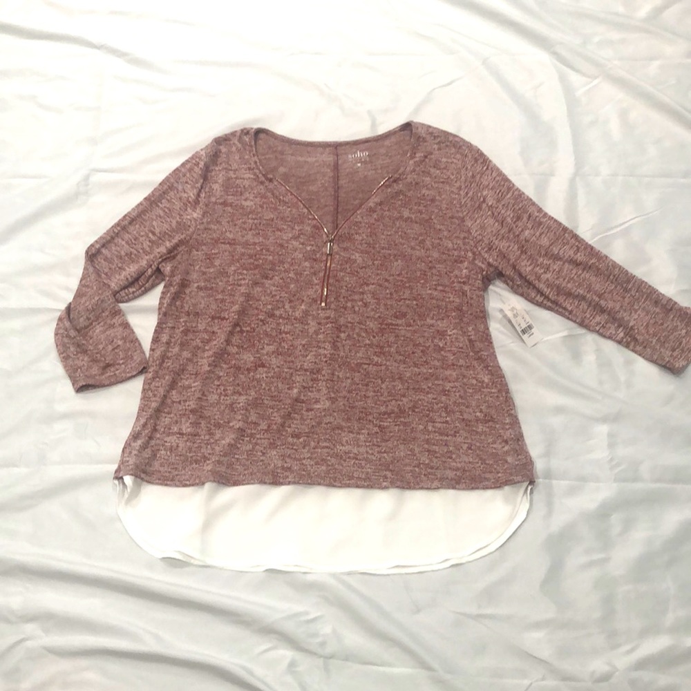 NWT New York and Company—3/4 Sleeve Zip Front Twofer—Wine/Cream—Size Large